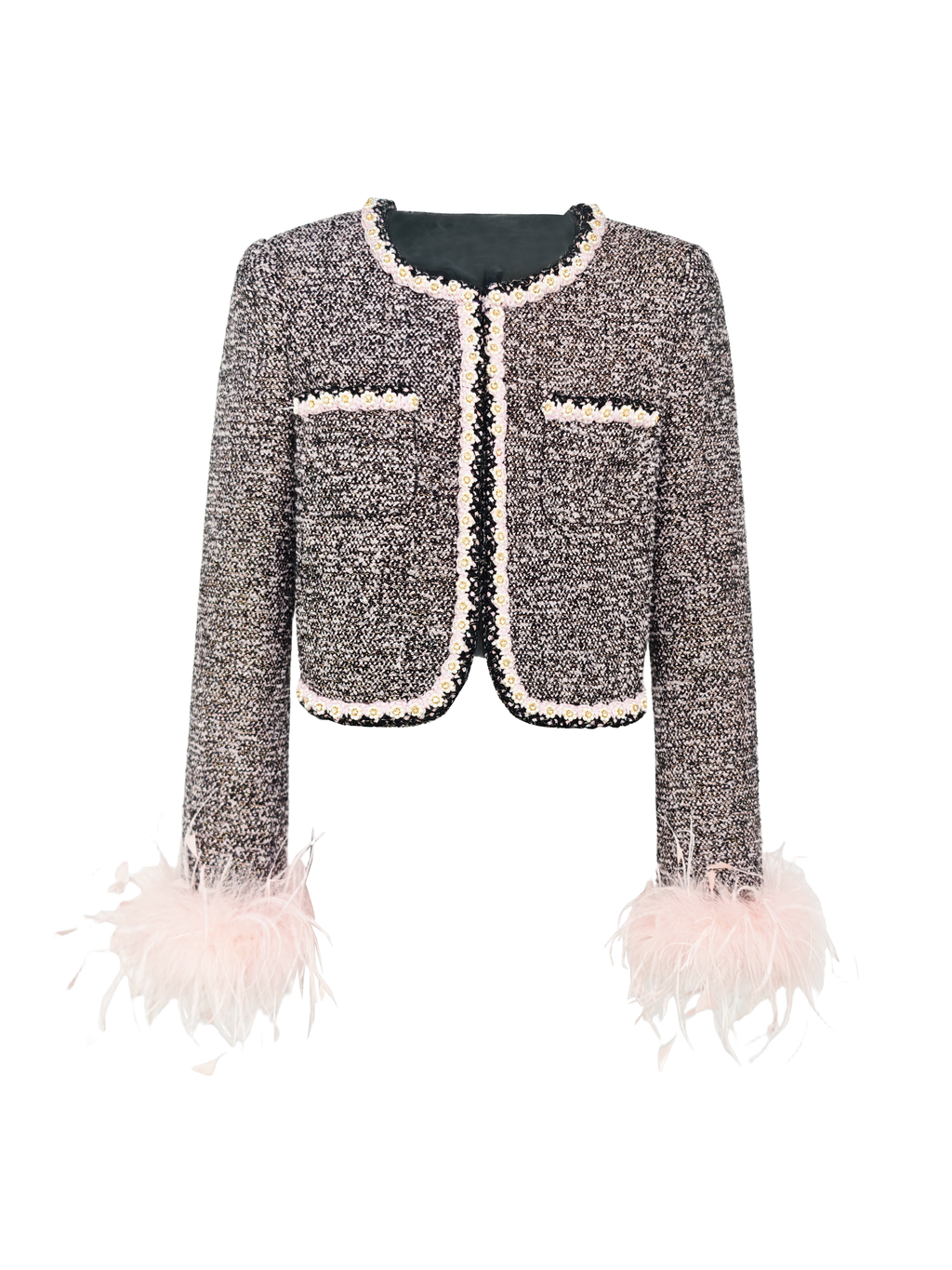 Rue Cambon Tweed Plaid Cropped Jacket white background