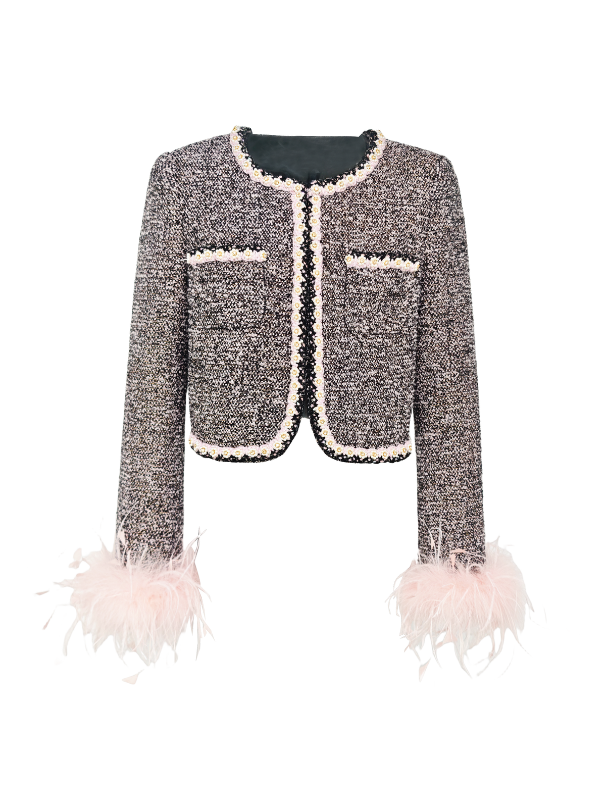 Rue Cambon Tweed Plaid Cropped Jacket white background