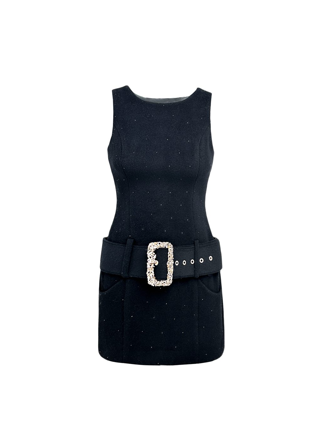 Rue Cambon Black Wool Rhinestone Slip Dress white background