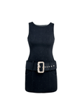 Rue Cambon Black Wool Rhinestone Slip Dress white background
