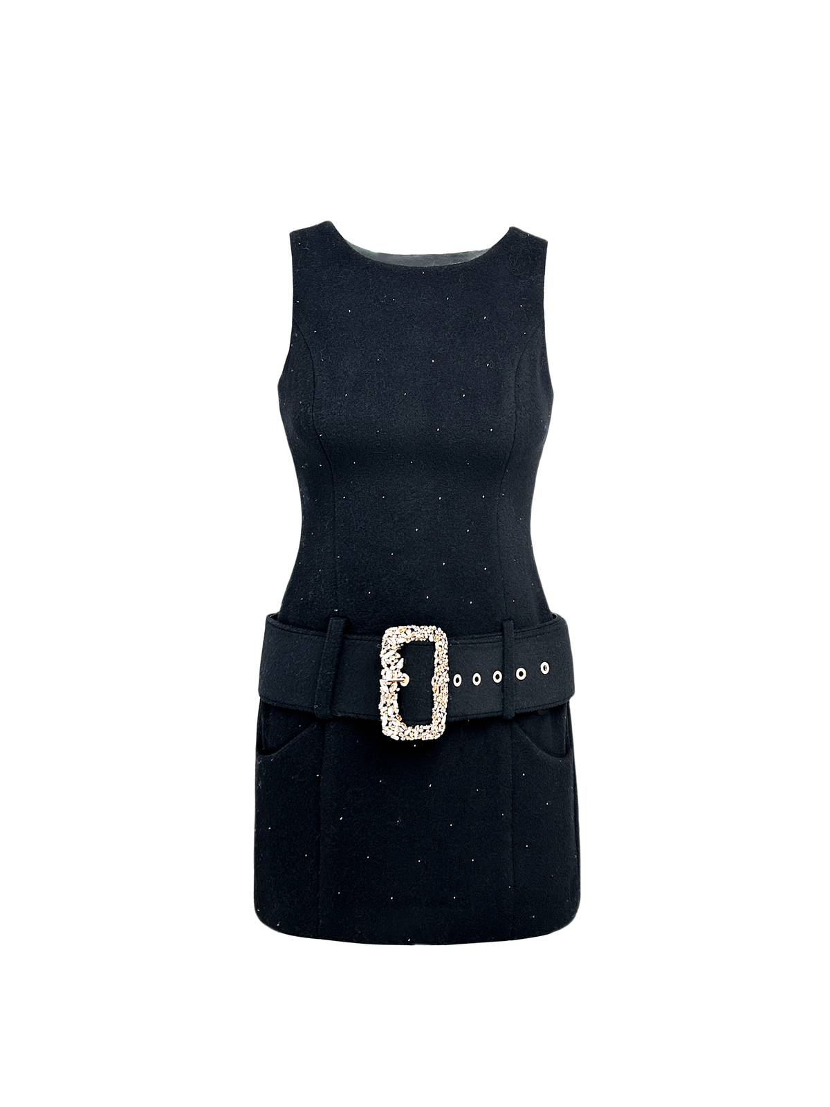 Rue Cambon Black Wool Rhinestone Slip Dress white background
