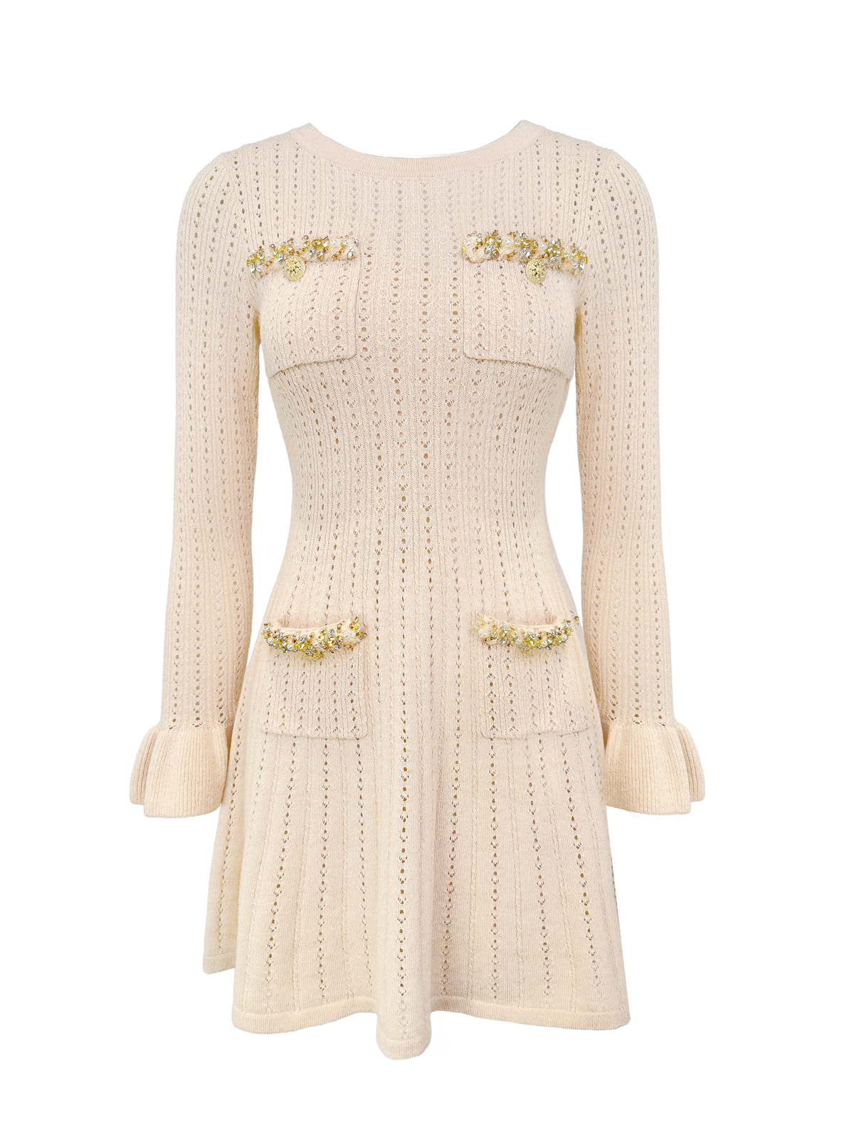 Rue Cambon Brown Sequined Silver Tweed Knit Mini Dress white background