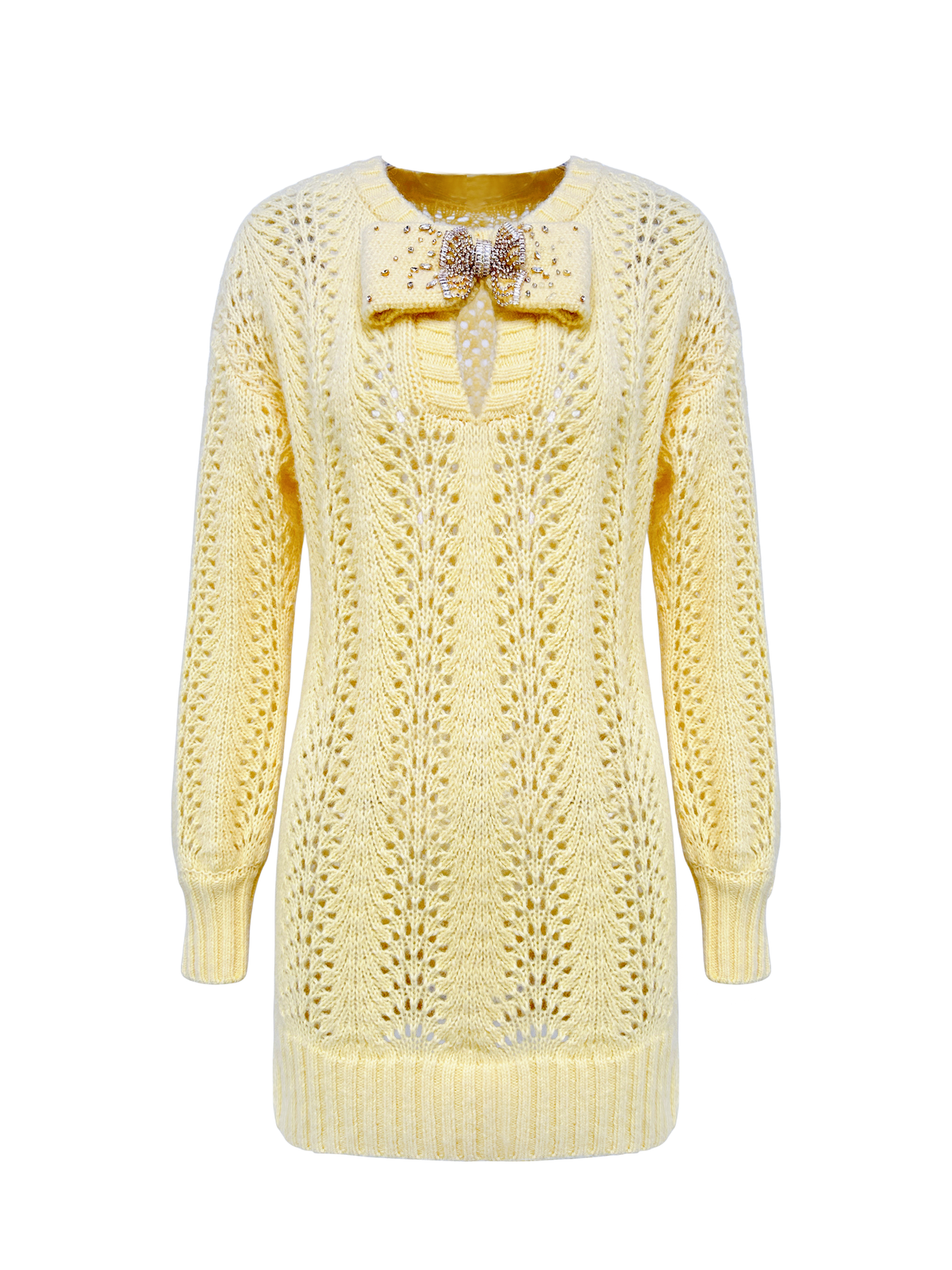 Rue Cambon Cream Bow Openwork Knit Mini Dress white background