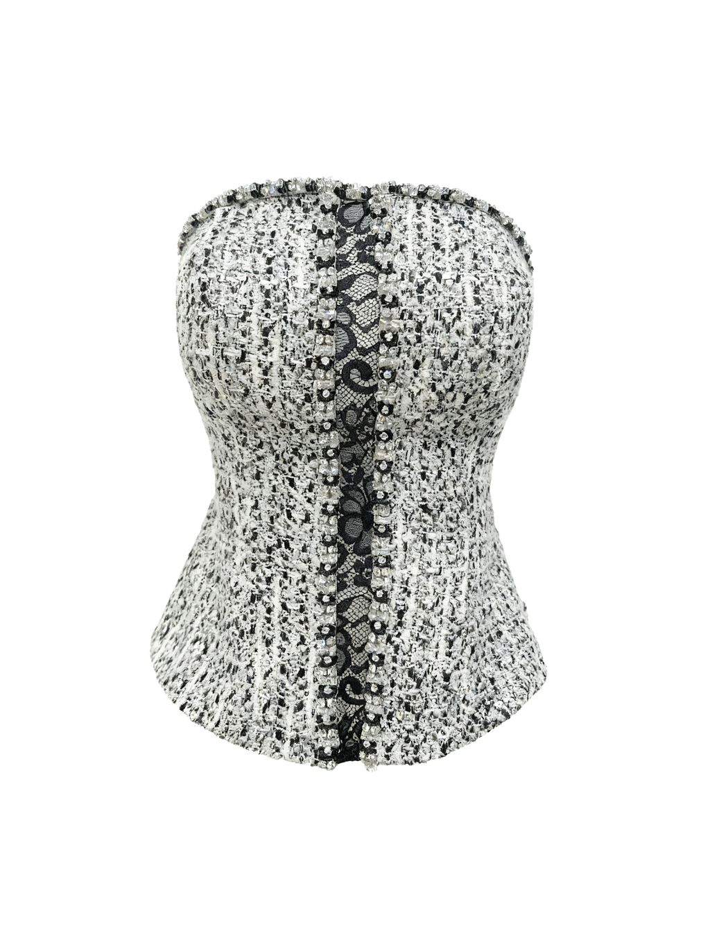 Rue Cambon Black & White Wool Spliced Lace Rhinestone Tube Top white background
