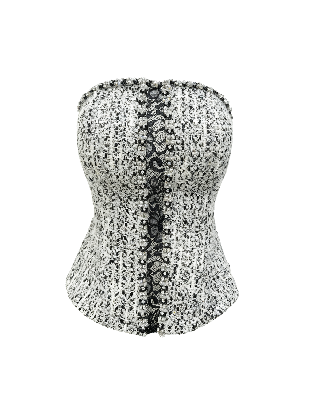 Rue Cambon Black & White Wool Spliced Lace Rhinestone Tube Top white background