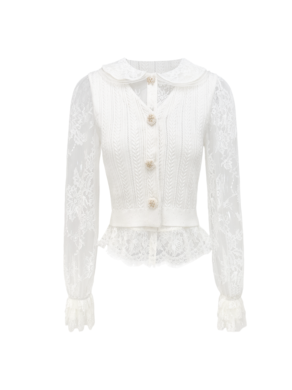 Morning Muse Lace Embroidered Doll Collar Knit Blouse white background