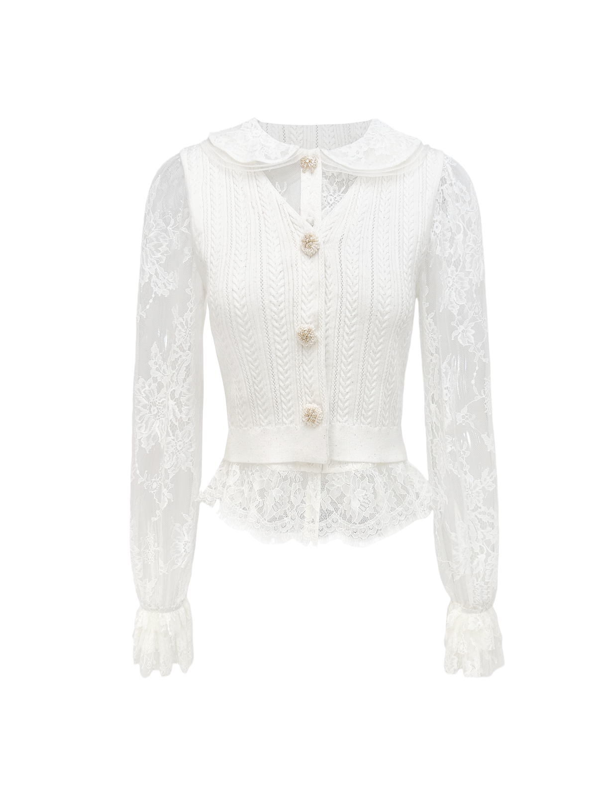 Morning Muse Lace Embroidered Doll Collar Knit Blouse white background