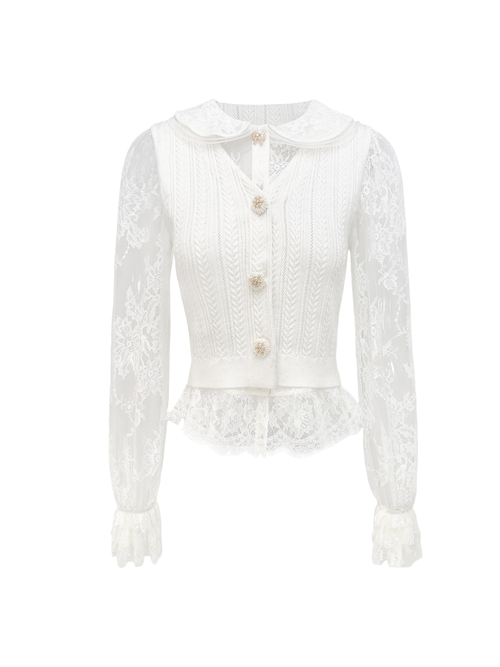 Morning Muse Lace Embroidered Doll Collar Knit Blouse white background