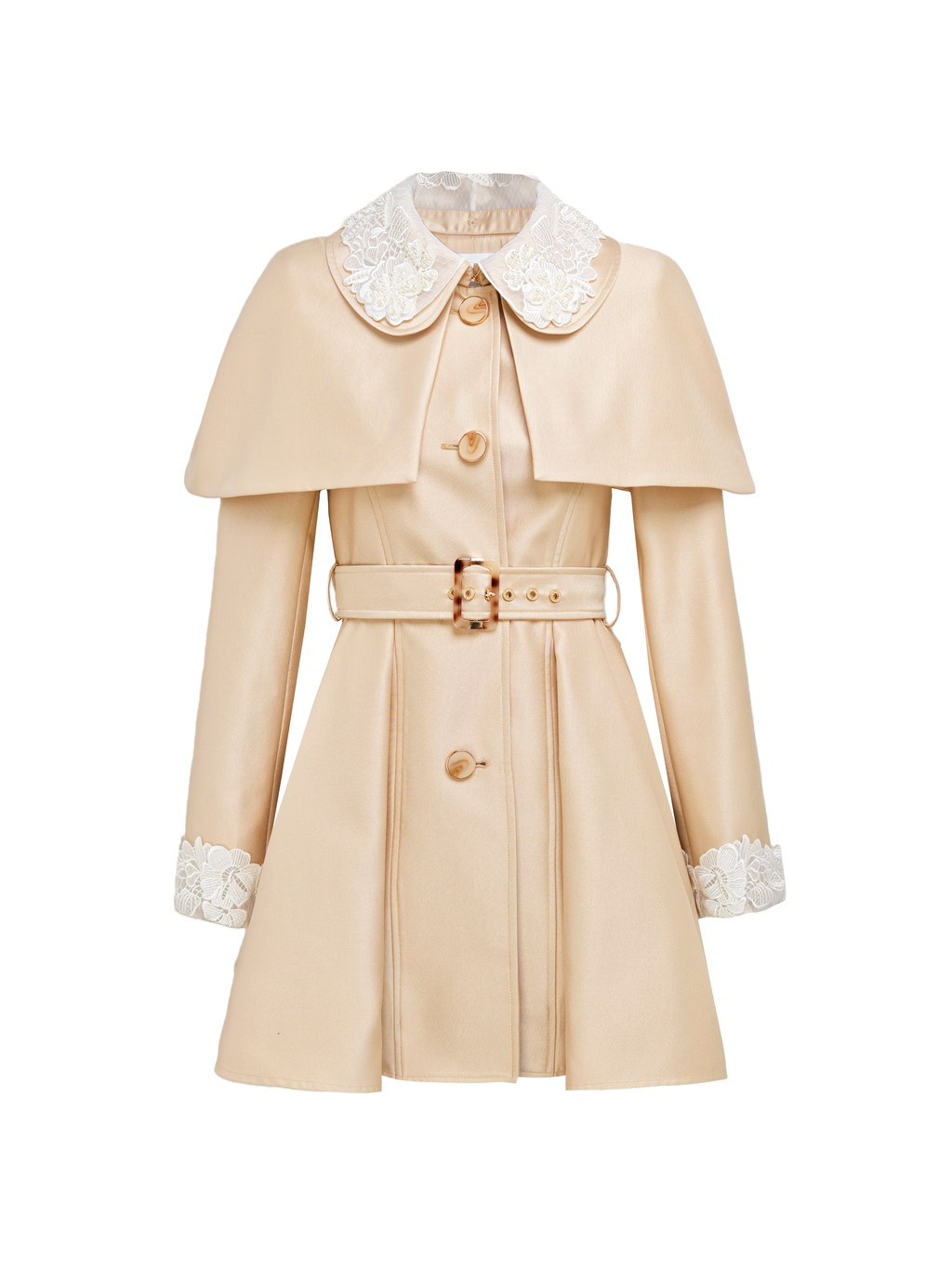 Mayfair Cape Sleeve Lace Belt Trench Dress white background