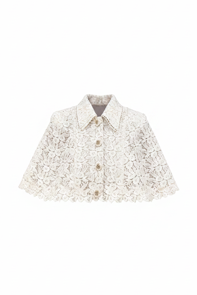 Mayfair Beige Lace Embroidered Cape Jacket white background
