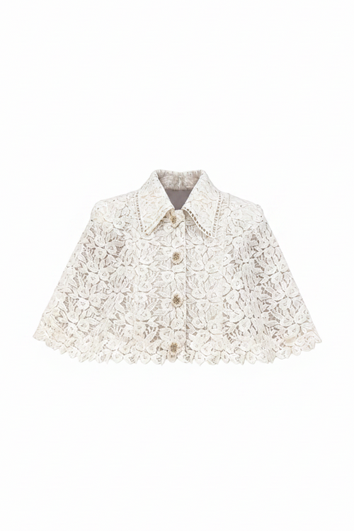 Mayfair Beige Lace Embroidered Cape Jacket white background
