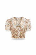 Morning Muse Brown Vintage Glitter Check V-Neck Embroidered Blouse white background