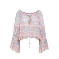 Riviera Pink Silk Print Spliced Lace Tie-Front Blouse white background