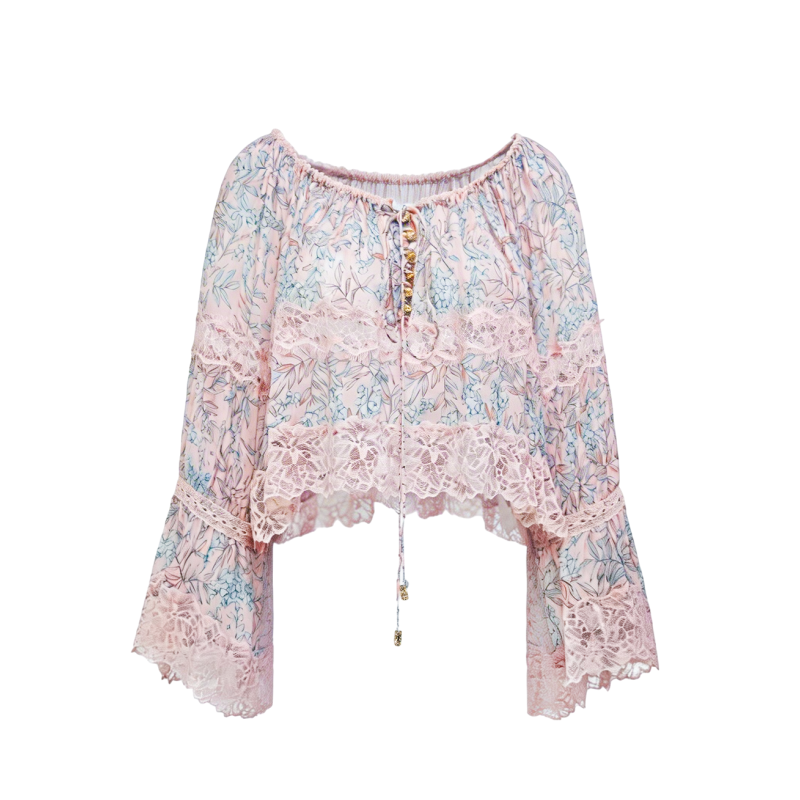Riviera Pink Silk Print Spliced Lace Tie-Front Blouse white background