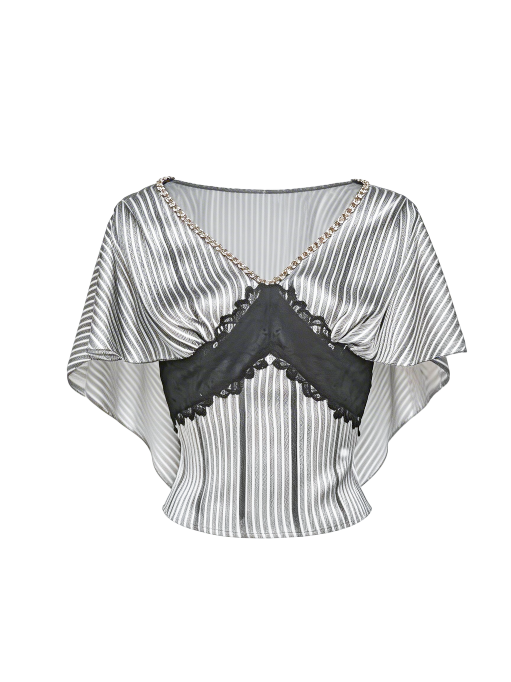 Pearl Wonderland Blue Stripe Lace Shawl Collar Peplum Top white background