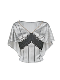 Pearl Wonderland Blue Stripe Lace Shawl Collar Peplum Top white background