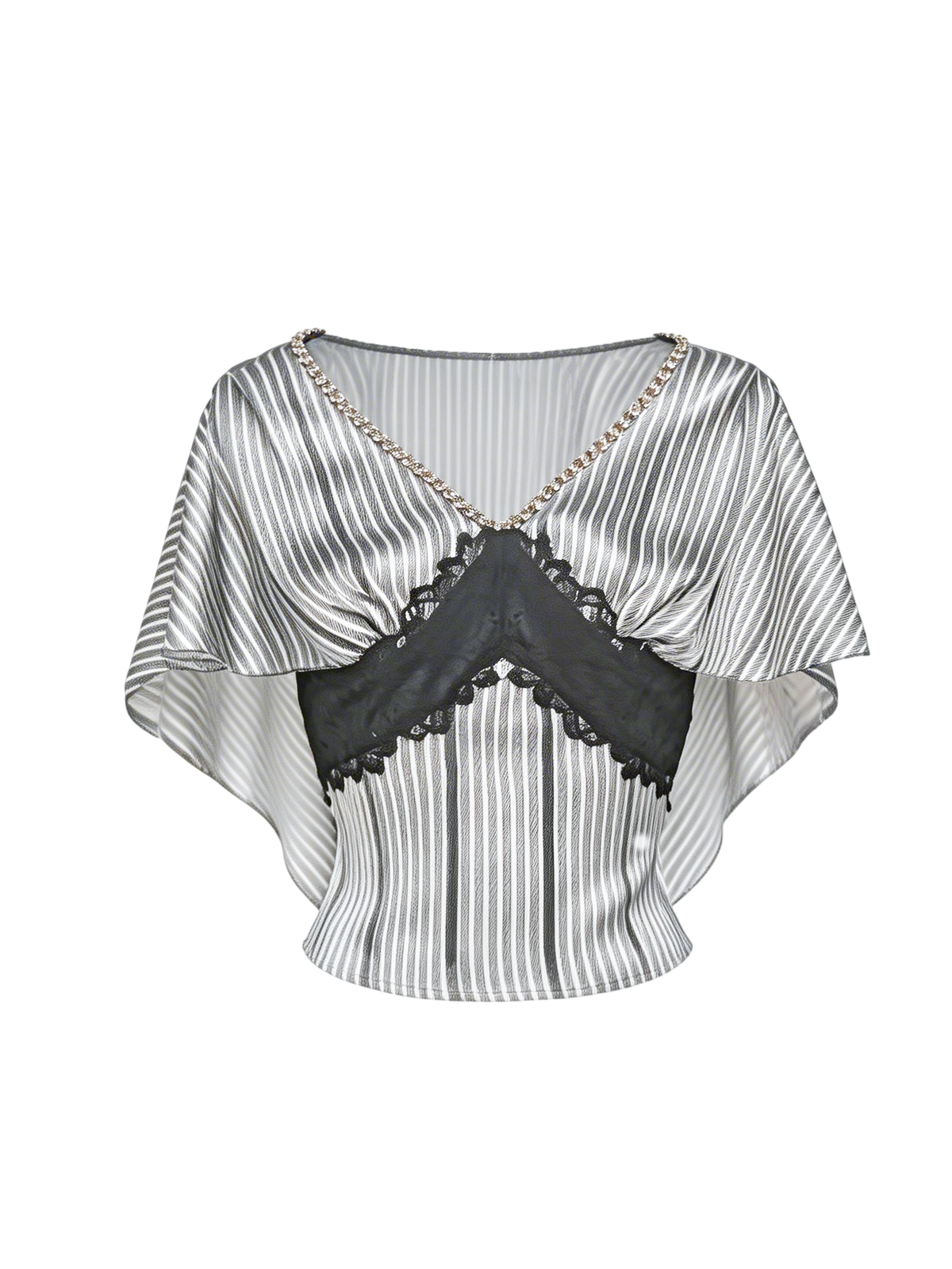 Pearl Wonderland Blue Stripe Lace Shawl Collar Peplum Top white background