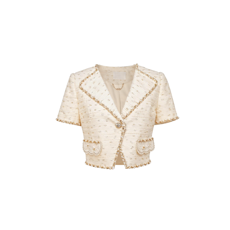 Rue Cambon Vanilla Boucle Tweed Cropped Jacket white background
