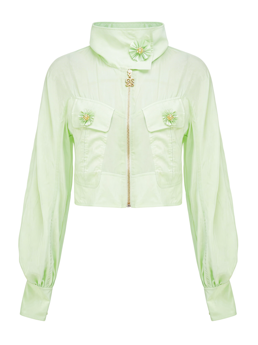 Morning Muse Green Embroidered Hooded Zip-Up Jacket white background