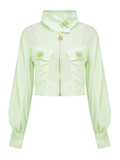 Morning Muse Green Embroidered Hooded Zip-Up Jacket white background