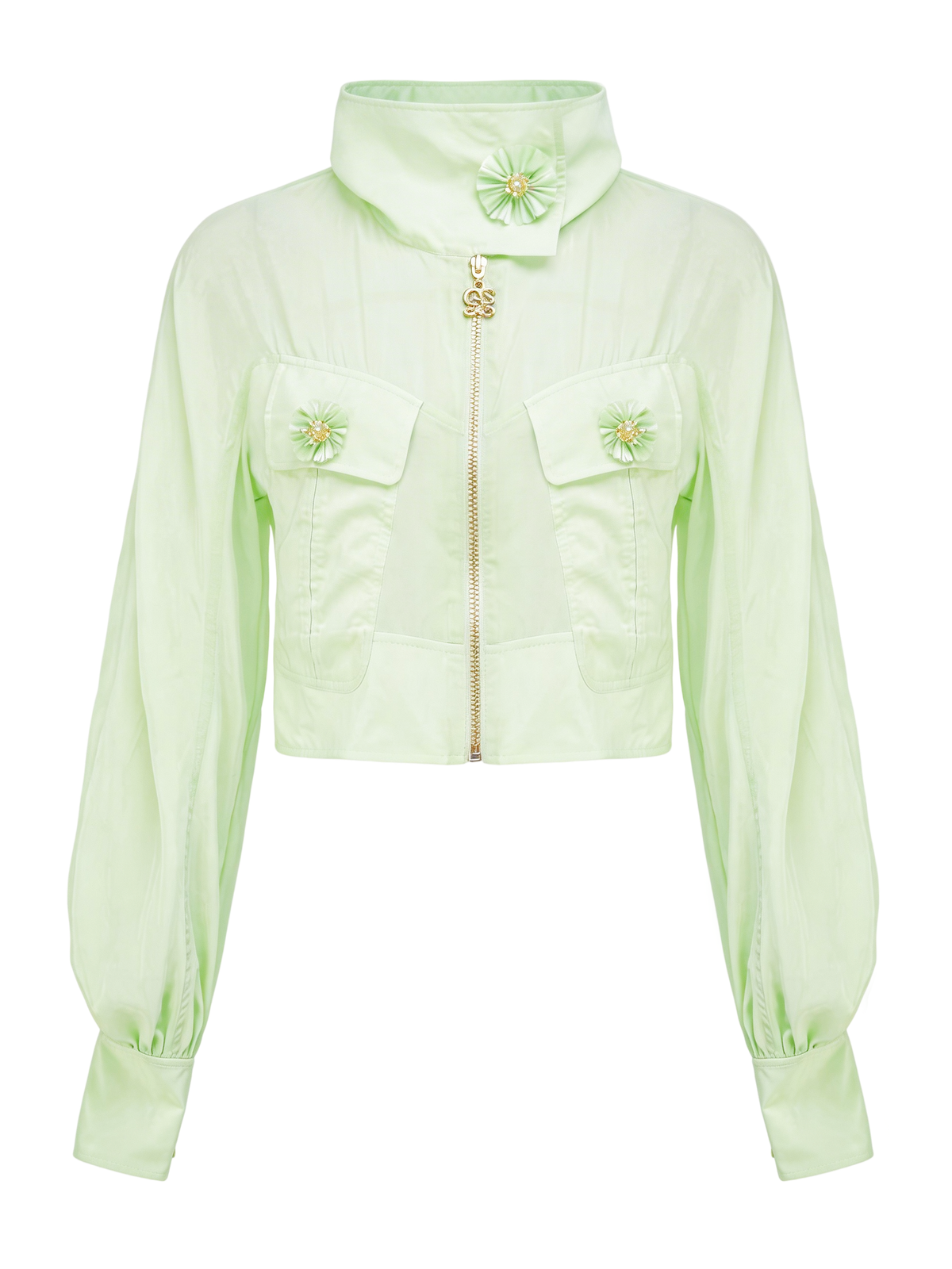 Morning Muse Green Embroidered Hooded Zip-Up Jacket white background