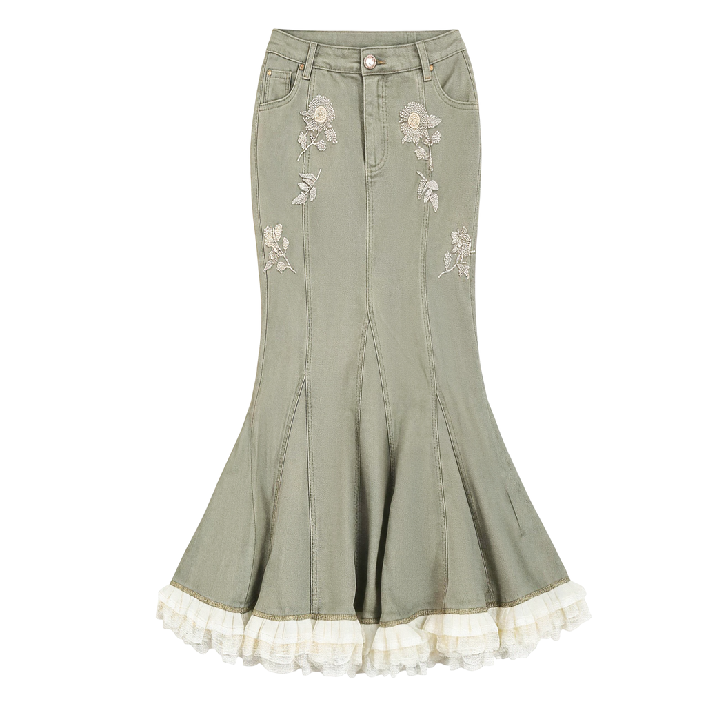 Pearl Wonderland Army Green Denim Lace Fishtail Maxi Skirt white background