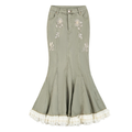 Pearl Wonderland Army Green Denim Lace Fishtail Maxi Skirt white background