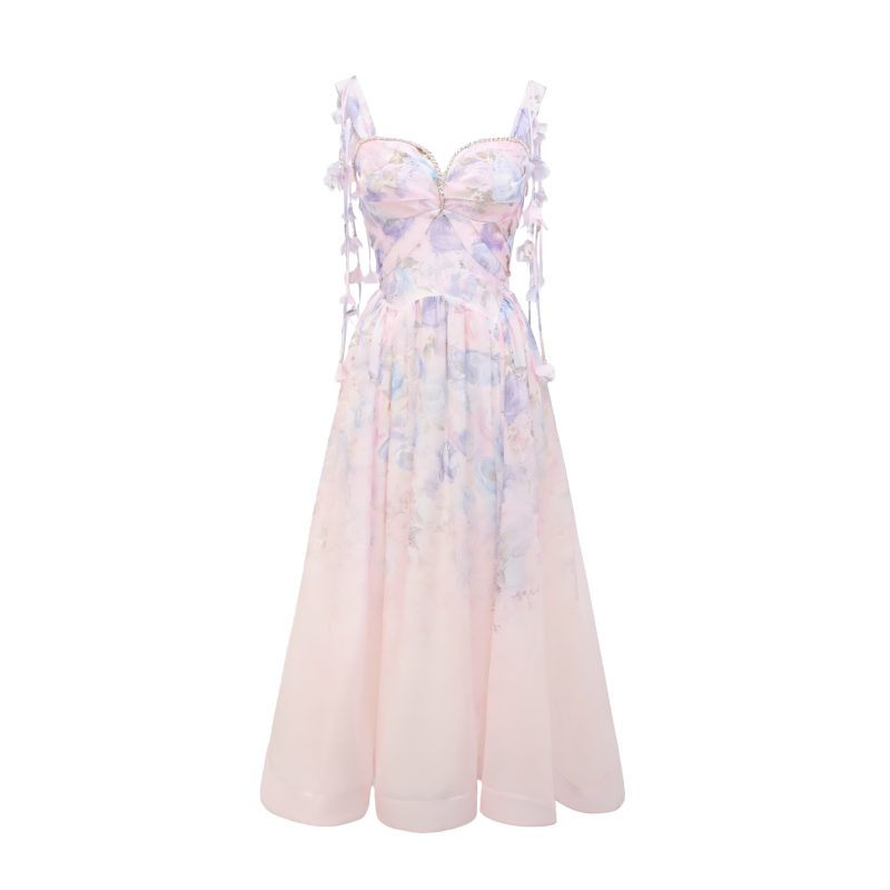Riviera Print Bustier Maxi Dress white background