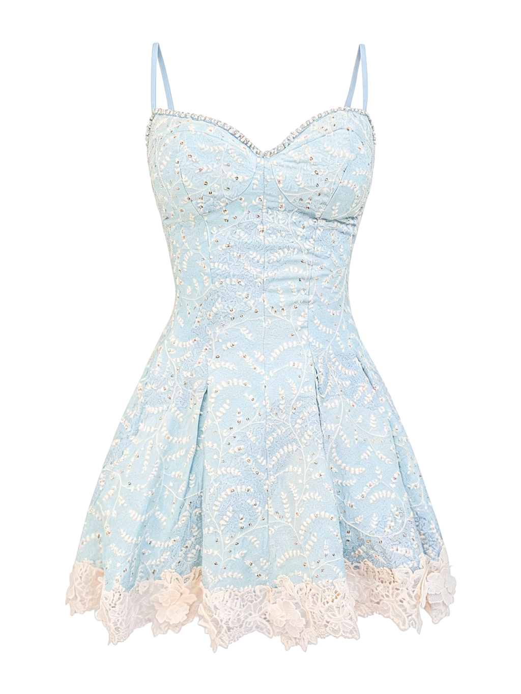Rue Cambon Blue Sequined Lace Mini Dress white background