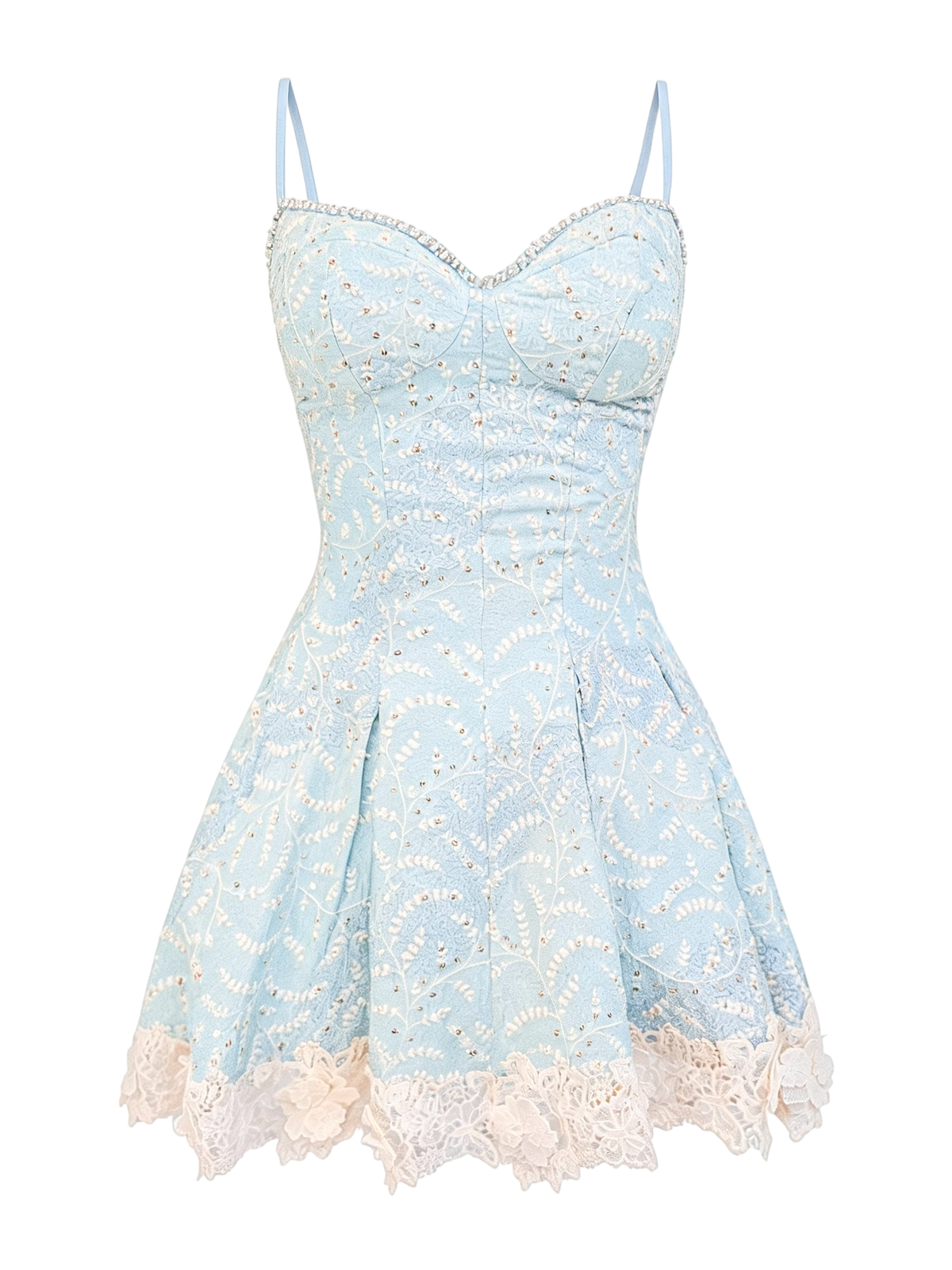 Rue Cambon Blue Sequined Lace Mini Dress white background