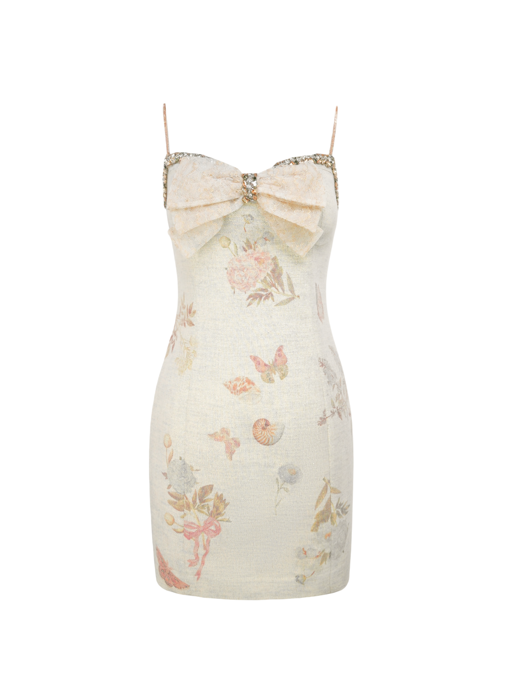 Pearl Wonderland Linen Lace Bow Bodycon Mini Dress white background