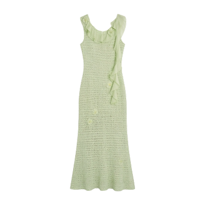 Riviera Green Crochet Floral Fishtail Maxi Dress white background