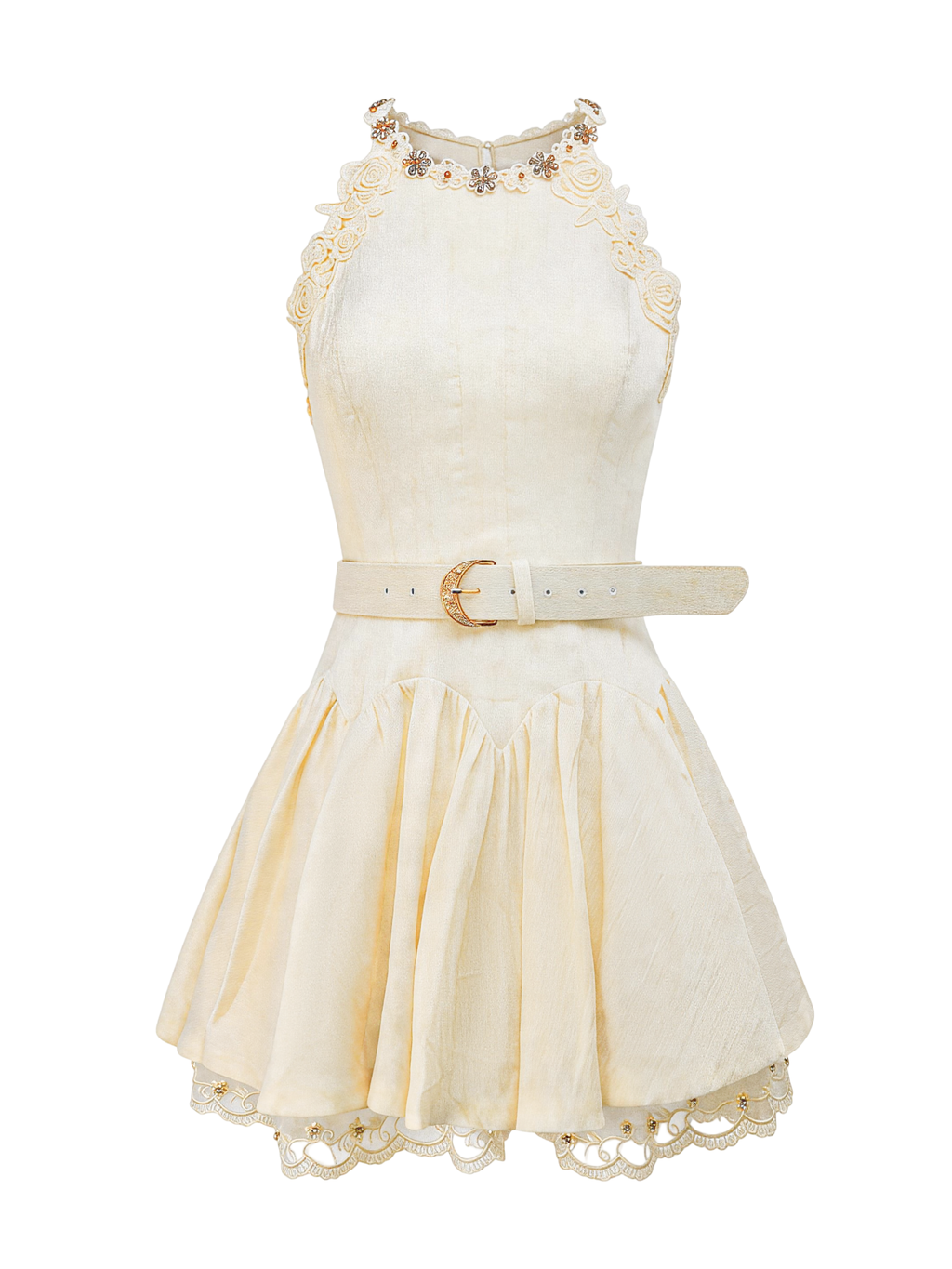 Riviera Off White Lace Trim Belted Mini Dress white background