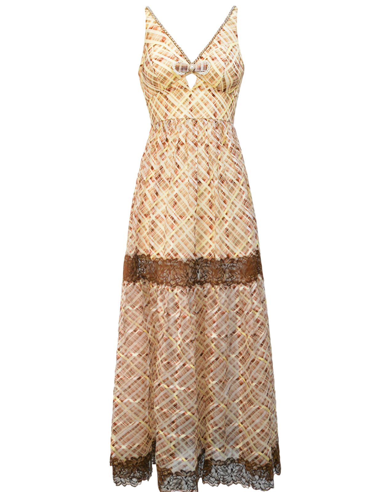 Riviera Yellow Brown Lace Fishtail Maxi Dress white background