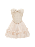 Pearl Wonderland Plaid Bow Tulle Puffy Mini Dress white background