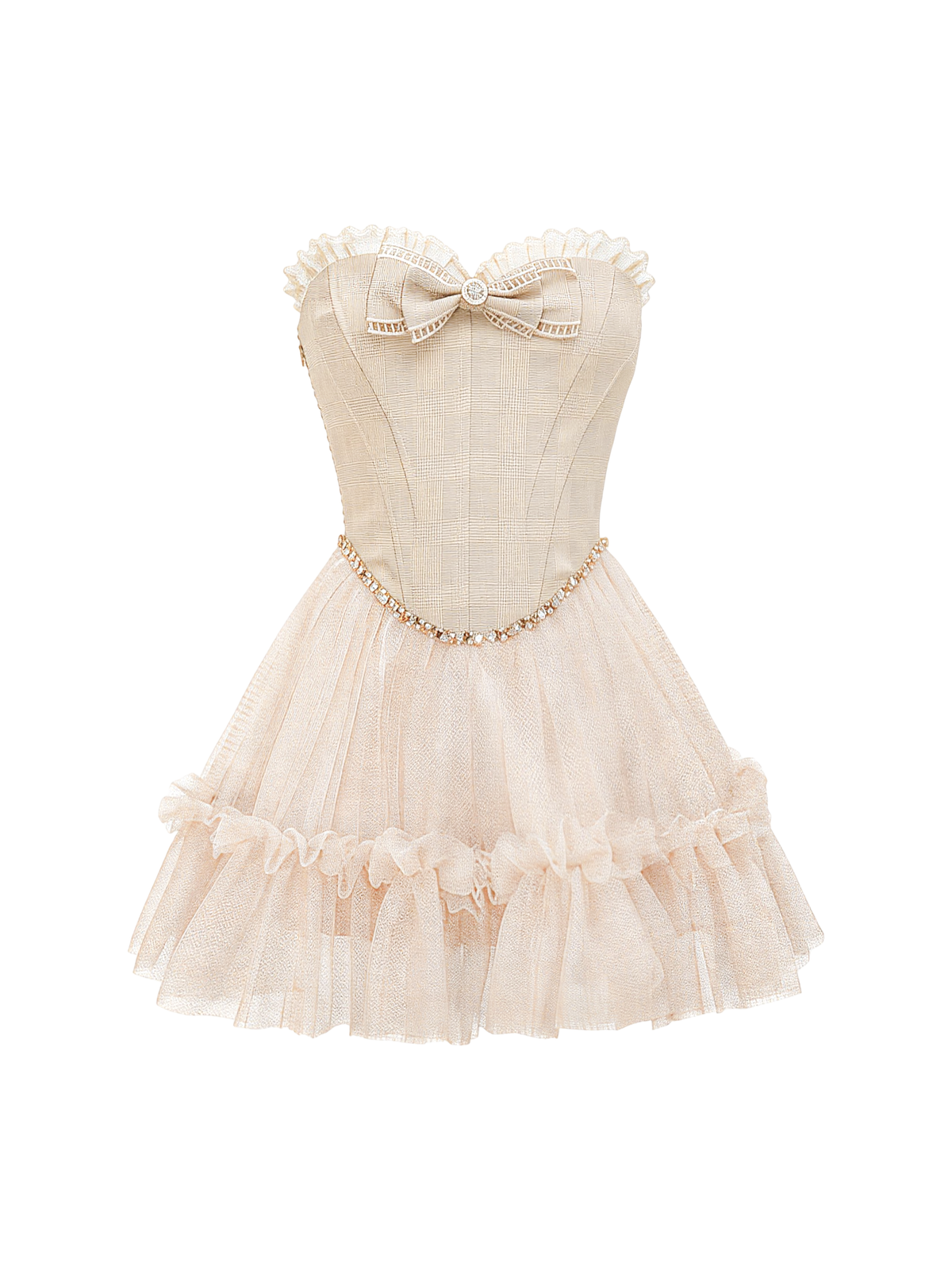 Pearl Wonderland Plaid Bow Tulle Puffy Mini Dress white background