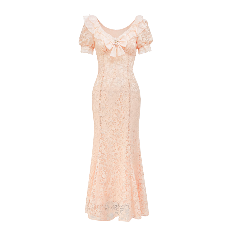 Pearl Wonderland Lace Bow Mermaid Maxi Dress white background