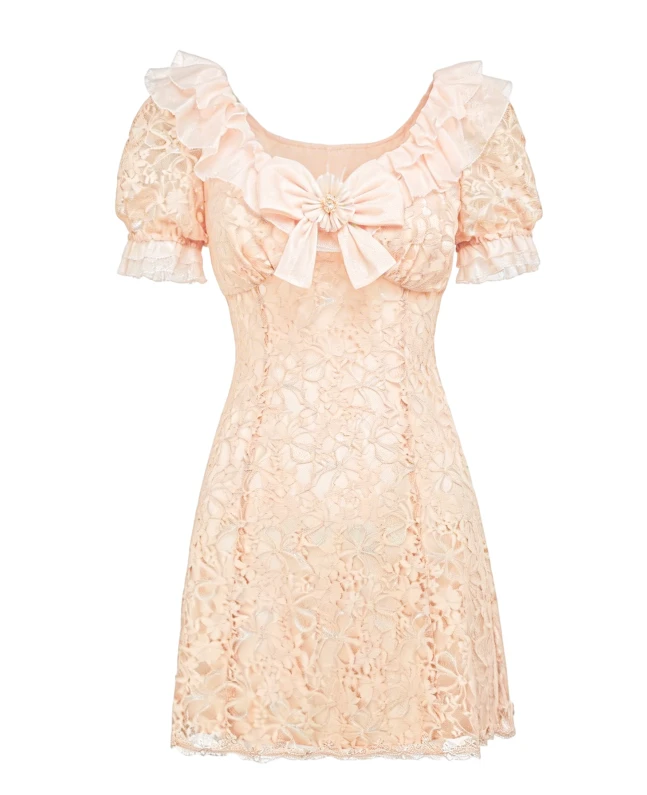 Riviera Powder Pink Lace Bow Square Neck Mini Dress white background
