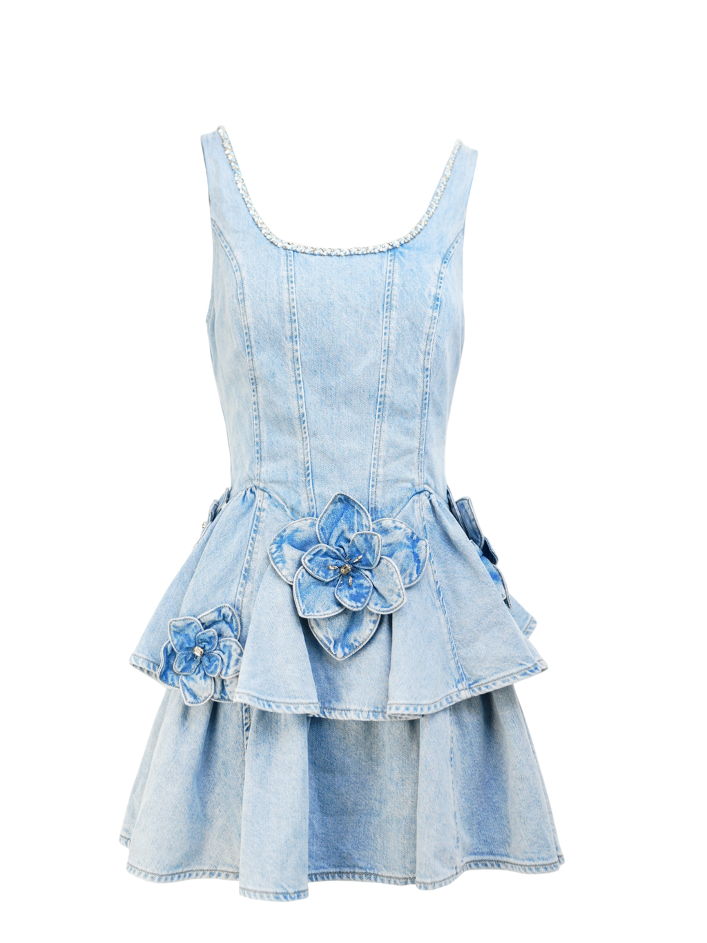Riviera Washed Blue Tailored Denim Tiered Mini Dress white background