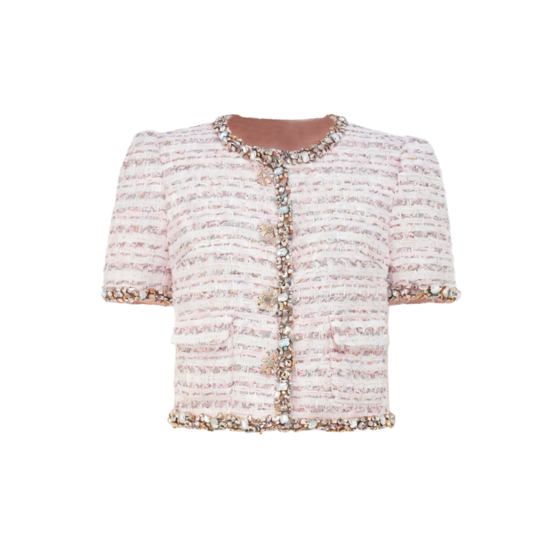 Rue Cambon Rhinestone-Studded Tweed Cropped Jacket white background