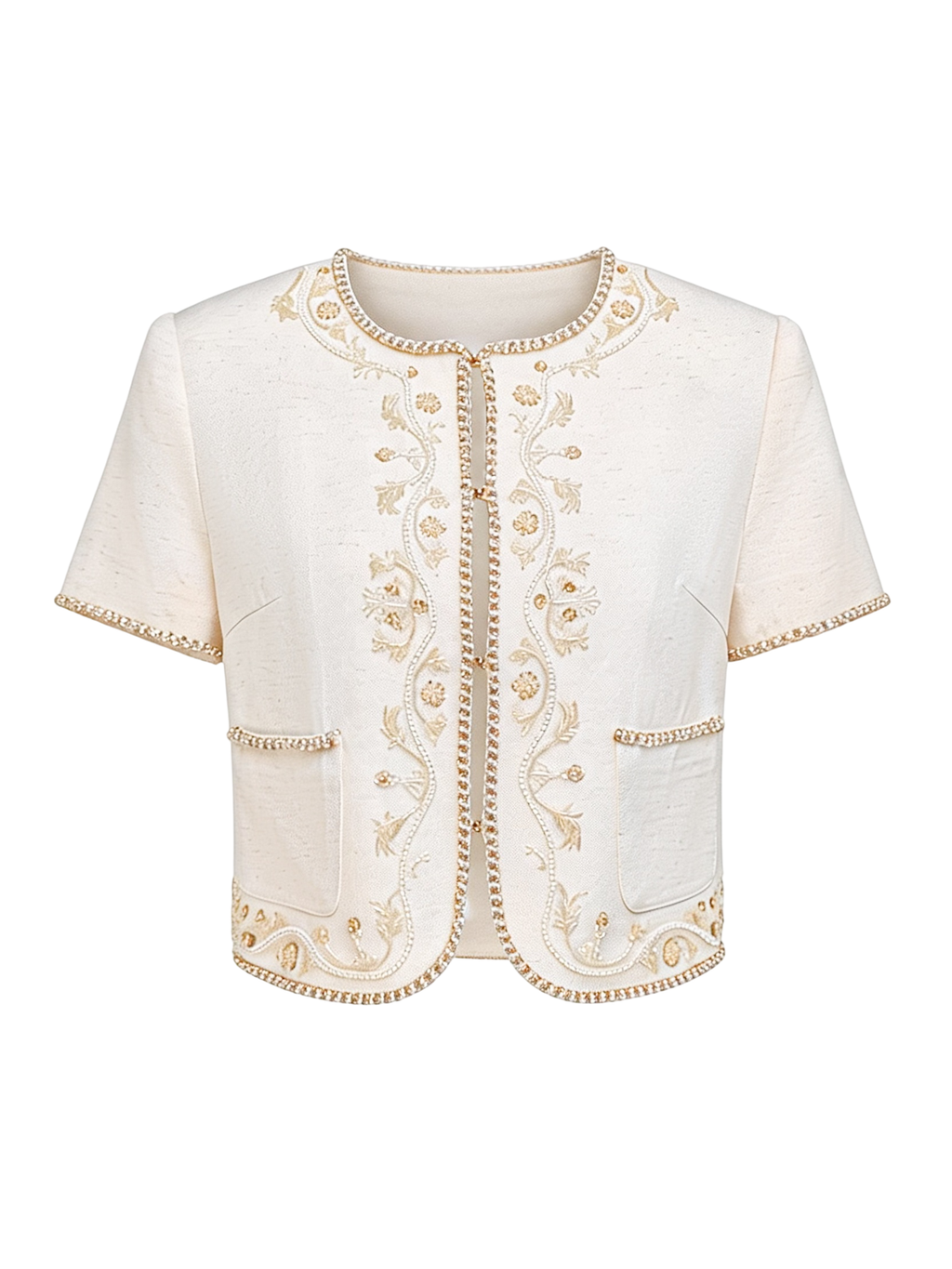 Rue Cambon Embroidered Beaded Cropped Tweed Jacket white background