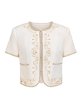 Rue Cambon Embroidered Beaded Cropped Tweed Jacket white background