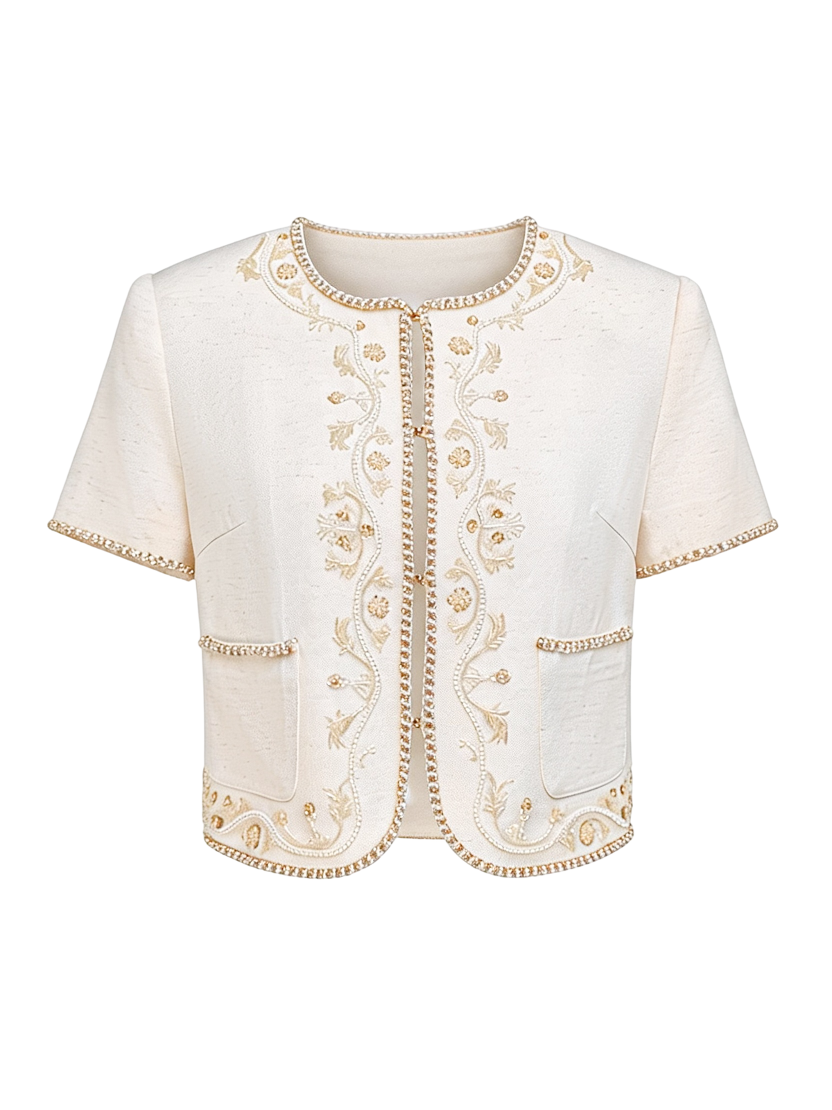 Rue Cambon Embroidered Beaded Cropped Tweed Jacket white background