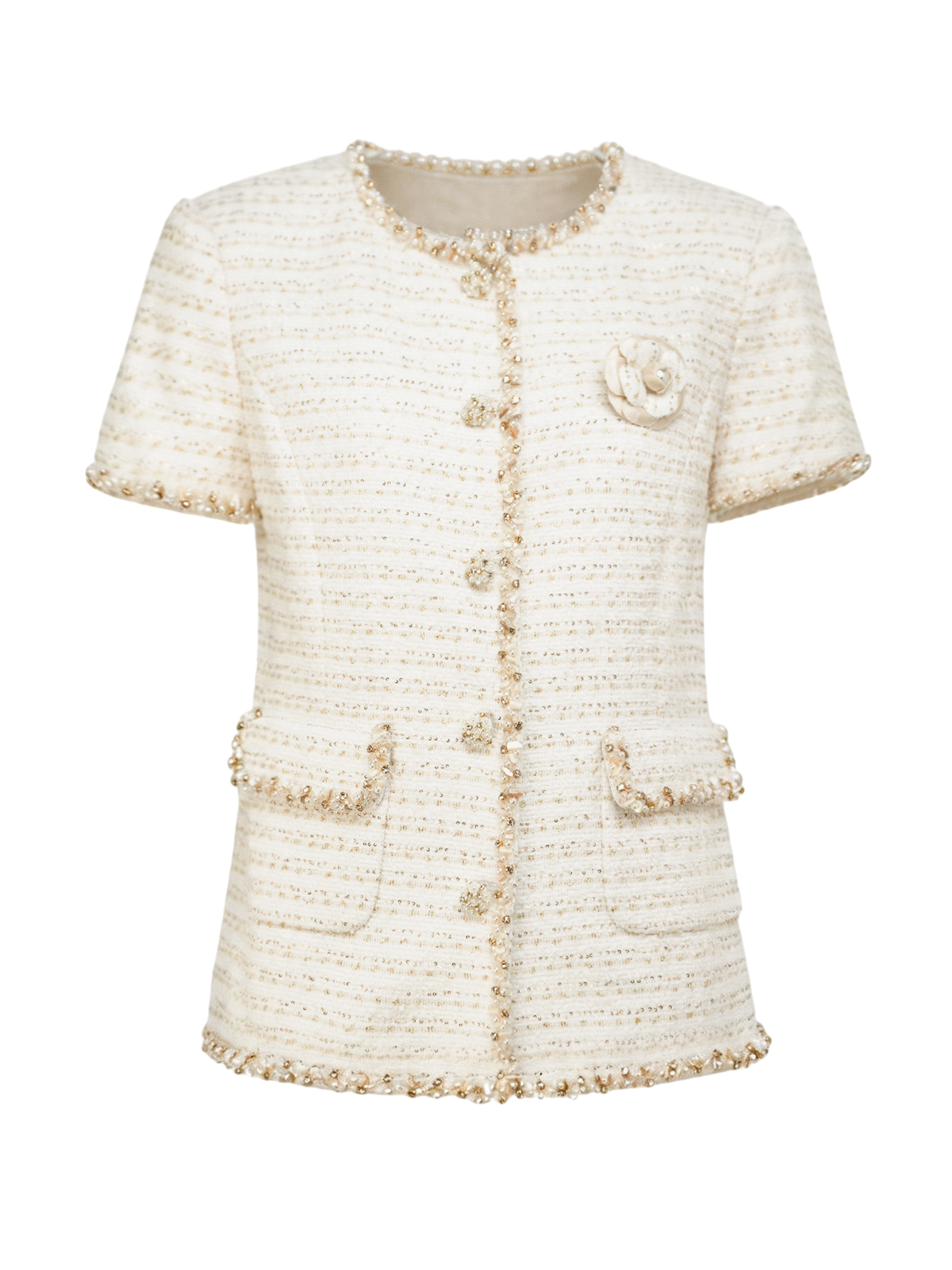 Rue Cambon Striped Beaded Tweed Jacket white background