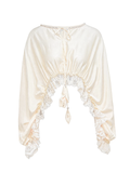 Pearl Wonderland Lace-Spliced Tie Batwing Knit Top white background