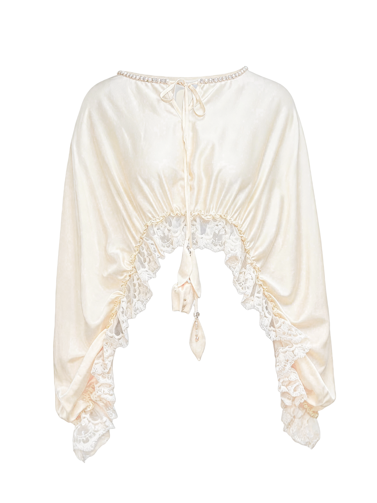 Pearl Wonderland Lace-Spliced Tie Batwing Knit Top white background