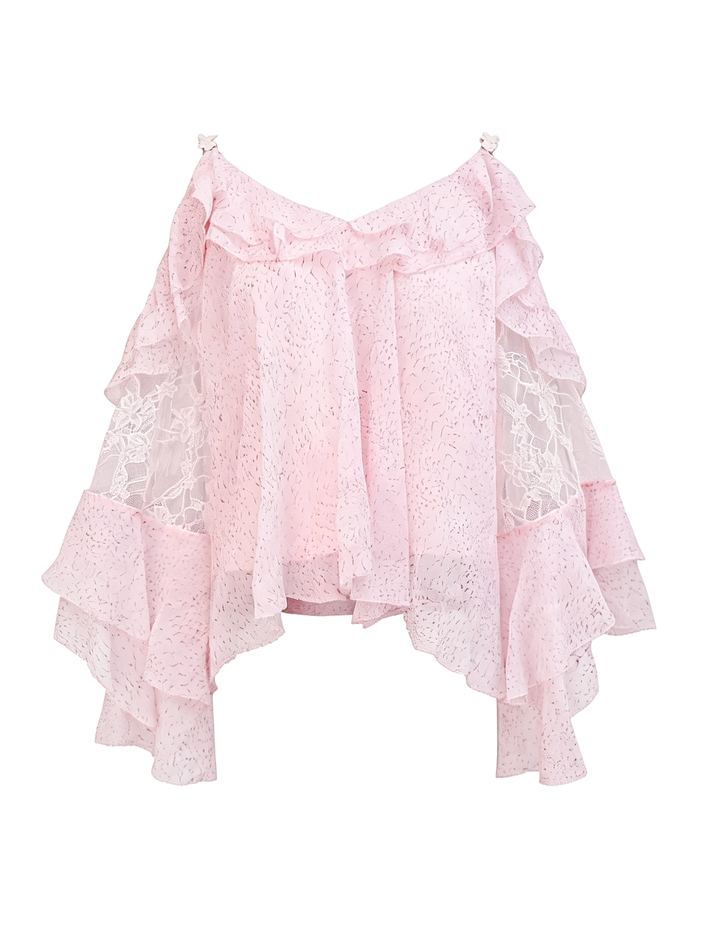Pearl Wonderland Pink Silk Off-Shoulder Lace Bell Sleeve Top white background