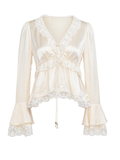 Pearl Wonderland Beige Lace Bell Sleeve Fitted Top white background