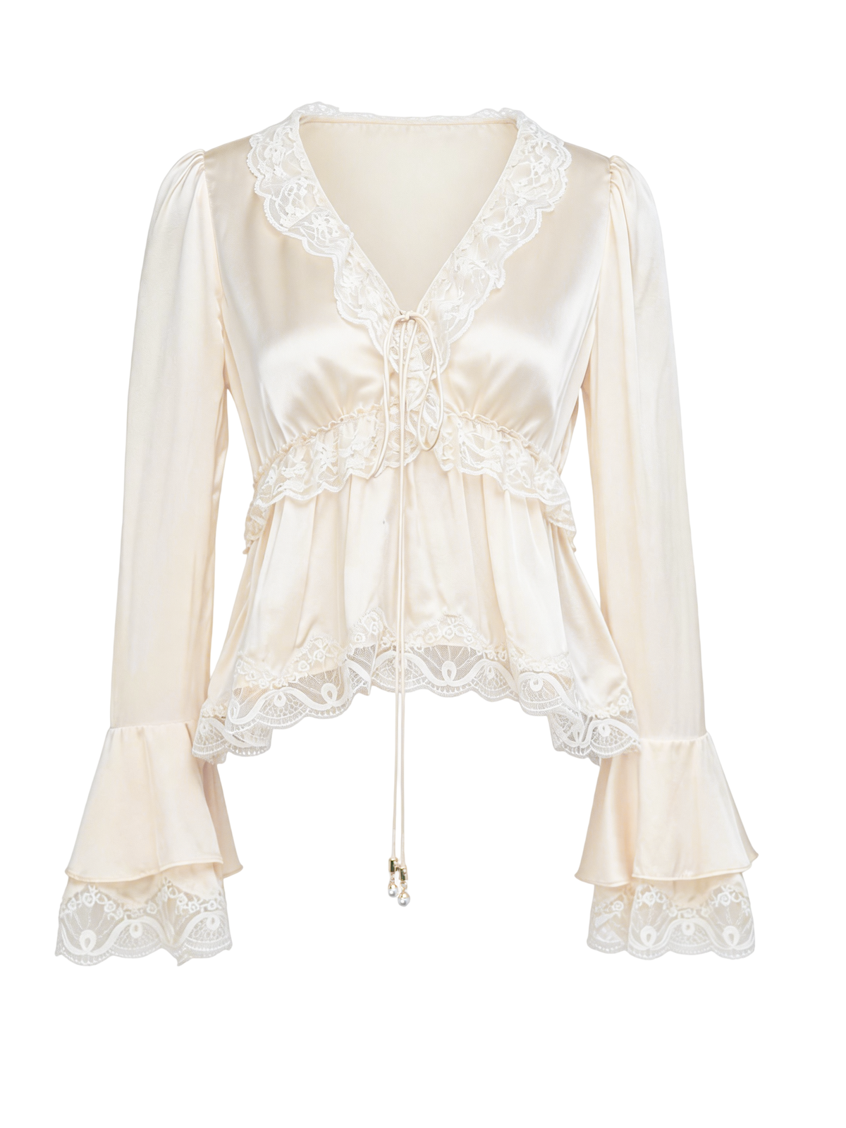 Pearl Wonderland Beige Lace Bell Sleeve Fitted Top white background