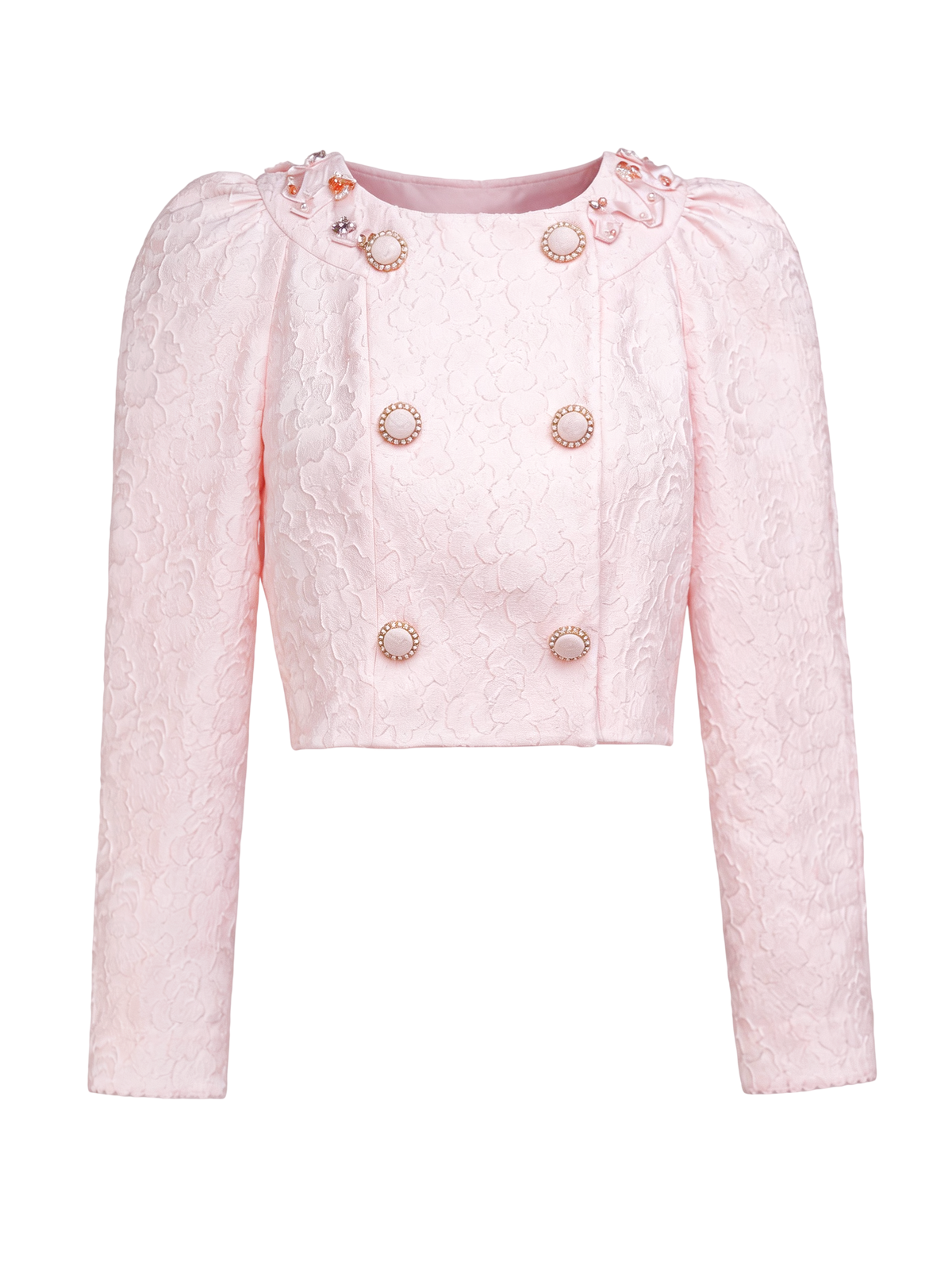 Rue Cambon Puff Sleeve Jacquard Beaded Double-Breasted Jacket white background